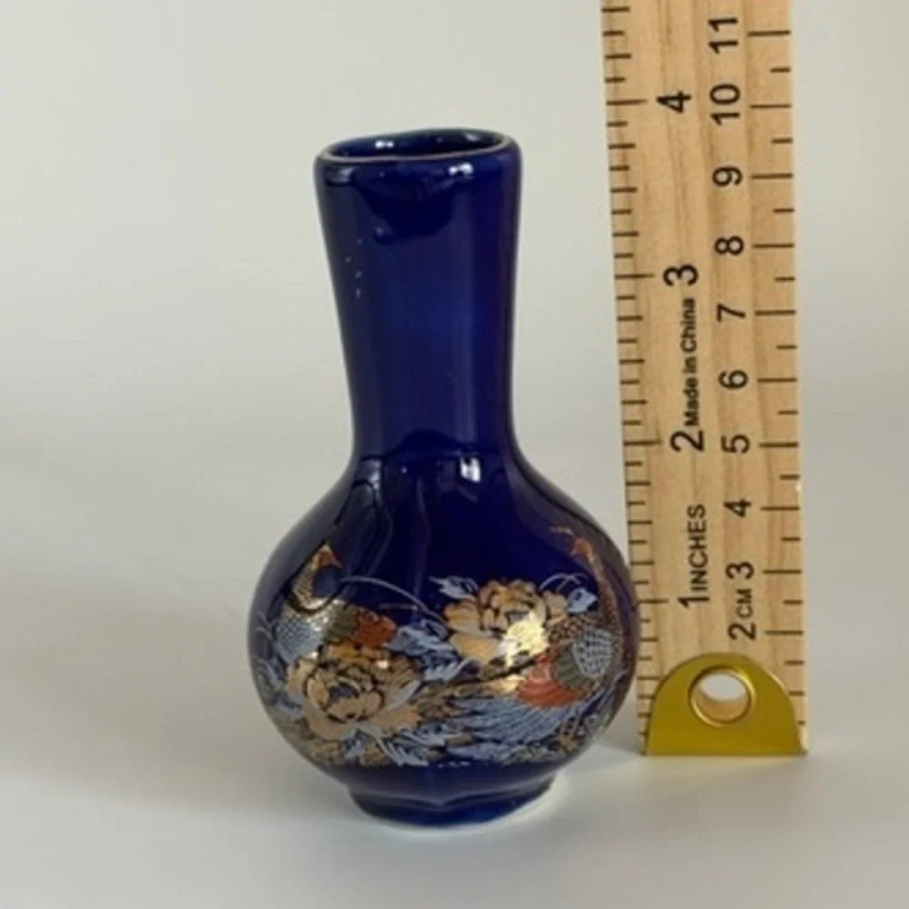 Vintage Blue Ceramic Vase‎ Peacock Floral Gold Detail Small Accent